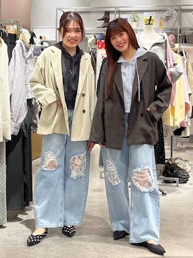 「LOWRYS FARM（ローリーズファーム）のレースデニム　601055（デニムパンツ、ブルー系）」を使った、こるちゃんさん（レディース・158cm）の春コーディネート