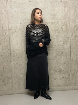 「KBF（ケイビーエフ）のクロシェルーズニット（針織衫、ブラック系）」を使った、kiraraさん（レディース・156cm）の春コーディネート