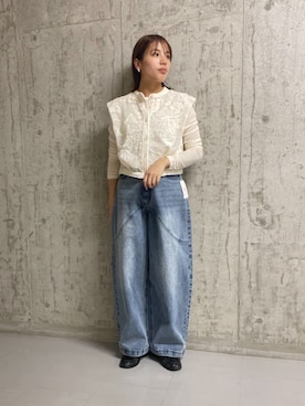「KBF（ケイビーエフ）のバテンレースコンパクトシャツ（襯衫、ホワイト系）」を使った、kiraraさん（レディース・156cm）の春コーディネート