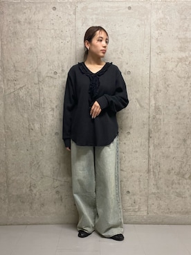 「KBF（ケイビーエフ）のレースフリルワッフルプルオーバー（T恤、グレー系）」を使った、kiraraさん（レディース・156cm）の春コーディネート