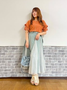 「axes femme（アクシーズファム）のＮＣ付カットジョーゼットＰＯ（Tシャツ/カットソー、オレンジ系）」を使った、まりさん（レディース・157cm）の春コーディネート