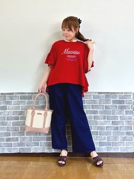 「アイテム（かごバッグ、ピンク系）」を使った、まりさん（レディース・157cm）の夏コーディネート