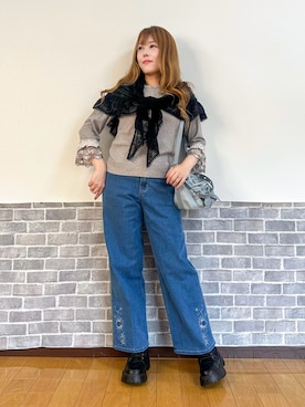 「axes femme（アクシーズファム）のマルチＷＡＹレースストール（マフラー、ブラック系）」を使った、まりさん（レディース・157cm）の秋コーディネート