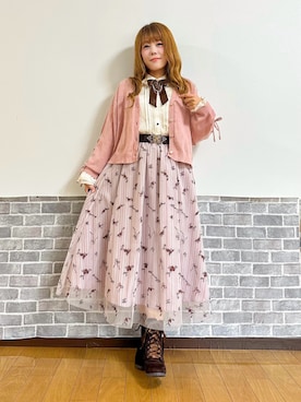 「axes femme（アクシーズファム）のリボン×パールチェーンブラウス（シャツ/ブラウス、ブラウン系）」を使った、まりさん（レディース・157cm）の秋コーディネート