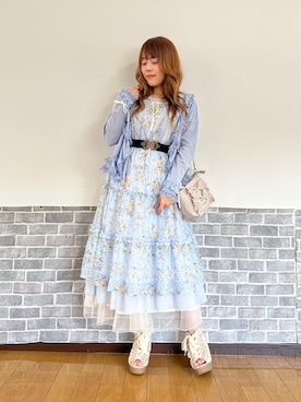「axes femme（アクシーズファム）のＵＶカットフードフリルカーディガン（カーディガン/ボレロ、ブルー系）」を使った、まりさん（レディース・157cm）の春コーディネート