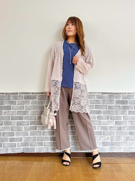 「axes femme（アクシーズファム）のＵＶカットレース切替カーデ（カーディガン/ボレロ、ベージュ系）」を使った、まりさん（レディース・157cm）の春コーディネート