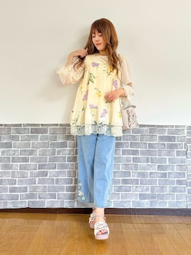 「axes femme（アクシーズファム）のチューリップ刺繍七分袖ＰＯ（Tシャツ/カットソー、ホワイト系）」を使った、まりさん（レディース・157cm）の春コーディネート