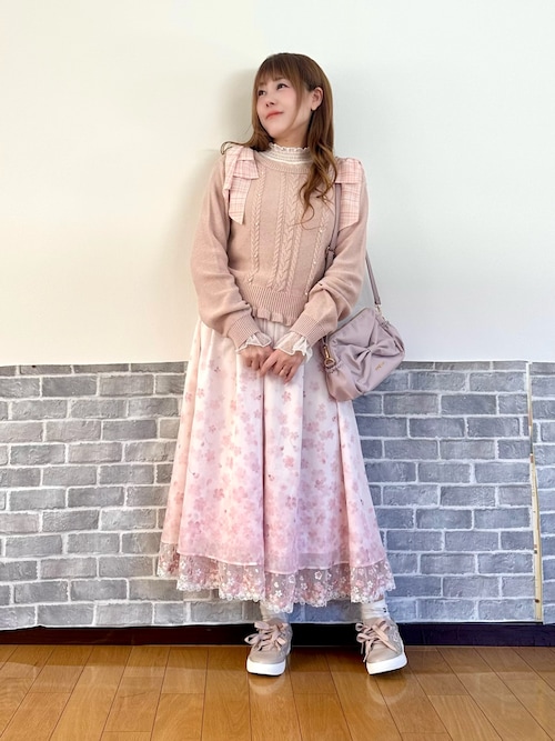 Axes Femme 桜 レース × 桜柄 ロング フレア スカート ピンク axes femme（アクシーズ ファム） スカート 桜レース×桜柄スカート