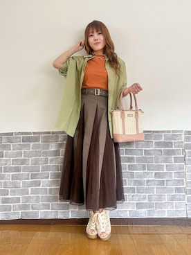 「axes femme（アクシーズファム）の接触冷感チュールメロープルオーバー（Tシャツ/カットソー、オレンジ系）」を使った、まりさん（レディース・157cm）の春コーディネート