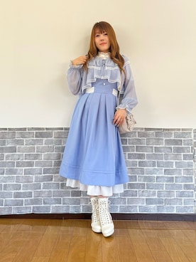 「axes femme（アクシーズファム）のレース切替フリルスタンドブラウス（シャツ/ブラウス、ホワイト系）」を使った、まりさん（レディース・157cm）の春コーディネート