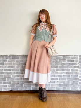 「axes femme（アクシーズファム）のストライプ切替シャツＯＰ（ワンピース、ピンク系）」を使った、まりさん（レディース・157cm）の春コーディネート