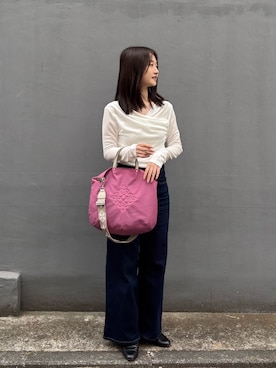 「russet（ラシット）のスリム2WAYトートバッグ <コーデュラナイロン>(CE-1404)（トートバッグ、ピンク系）」を使った、hiyoriさん（レディース・156cm）の春コーディネート