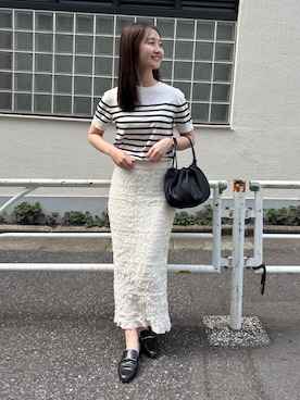 「russet（ラシット）の【名品】4WAYレザー巾着ショルダーバッグ［chi企画］（ショルダーバッグ、ブラック系）」を使った、hiyoriさん（レディース・156cm）の春コーディネート