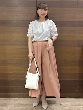 「index（インデックス）の【吸水速乾】ストライプ調デザインスリーブトップス《洗濯機OK》（Tシャツ/カットソー、ベージュ系）」を使った、yumeさん（レディース・159cm）の夏コーディネート