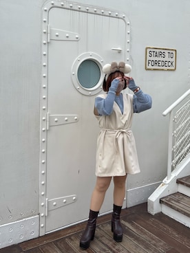 「Kastane（カスタネ）のロングリブ2WAYニットカーディガン（カーディガン/ボレロ、ブルー系）」を使った、asukaさん（レディース・150cm）の冬コーディネート