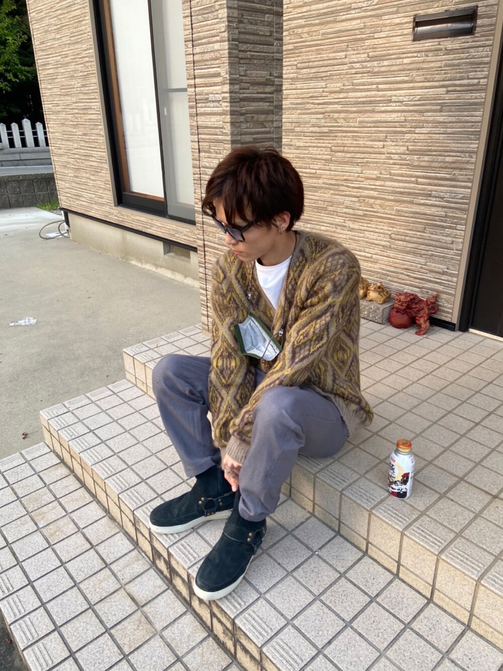 「休日コーデ、秋、シンプルスタイル、NEEDLES、GU、ビンテージ、TOM FORD、秋のコーデ、ootd、H&M」｜「Needlesのアイテム（カーディガン/ボレロ、イエロー系）」を使った、たつやさん（メンズ・177cm）の秋コーディネートの1枚目の写真