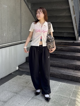 「X-girl（エックスガール）のLOGO JACQUARD HEM TANK TOP（タンクトップ、ピンク系）」を使った、megumiさん（レディース・153cm）の夏コーディネート