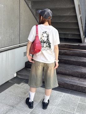 「X-girl（エックスガール）のHIBISCUS CAMOUFLAGE FACE S/S TEE（Tシャツ/カットソー、ホワイト系）」を使った、megumiさん（レディース・153cm）の夏コーディネート