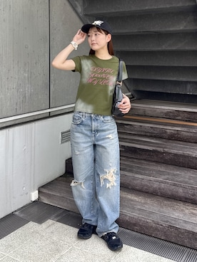 「X-girl（エックスガール）のWIDE LEG DENIM PANTS（デニムパンツ、ブルー系）」を使った、megumiさん（レディース・153cm）の春コーディネート