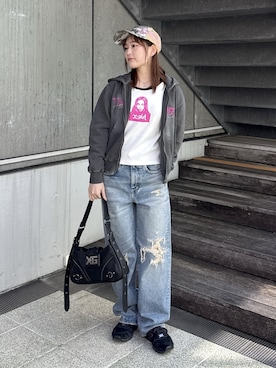 「X-girl（エックスガール）のWIDE LEG DENIM PANTS（デニムパンツ、ブルー系）」を使った、megumiさん（レディース・153cm）の春コーディネート