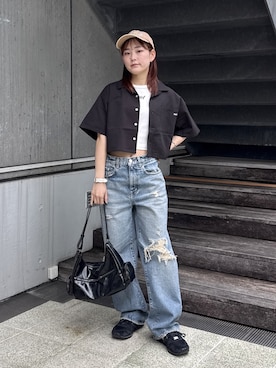 「X-girl（エックスガール）のWIDE LEG DENIM PANTS（デニムパンツ、ブルー系）」を使った、megumiさん（レディース・153cm）の春コーディネート