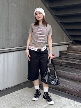 「X-girl（エックスガール）のSPRAY LOGO AND STUDDED BEANIE（ニットキャップ/ビーニー、ホワイト系）」を使った、megumiさん（レディース・153cm）の春コーディネート