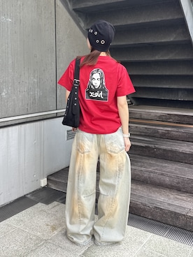 「X-girl（エックスガール）のFADED FACE LABEL WIDE BAGGY DENIM PANTS（デニムパンツ、ブルー系）」を使った、megumiさん（レディース・153cm）の春コーディネート
