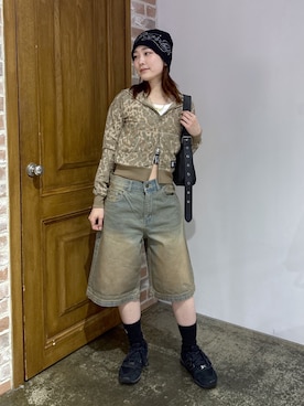 「X-girl（エックスガール）のLOGO JACQUARD HEM S/S TEE（Tシャツ/カットソー、ホワイト系）」を使った、megumiさん（レディース・153cm）の春コーディネート