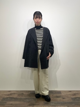 「モノトーンコーデ」｜「アイテム（ノーカラーコート）」を使った、mikiさん（レディース・155cm）の秋コーディネート
