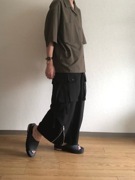 「CASPER JOHN（キャスパージョン）のComfort hep sandal/コンフォートヘップサンダル（サンダル、グレー系）」を使った、ひゅうくんさん（メンズ・177cm）の夏コーディネート