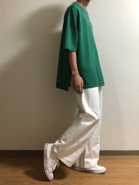 「LILL（リル）のサイドスリットハイポンチビッグシルエット5分袖ドレープカットソー（Tシャツ/カットソー、グリーン系）」を使った、ひゅうくんさん（メンズ・177cm）の夏コーディネート