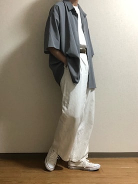 「Loose/ルース（ルース）のドレープトロミ ハーフボウタイシャツ（シャツ/ブラウス、グレー系）」を使った、ひゅうくんさん（メンズ・177cm）の夏コーディネート