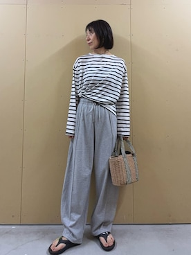 「fredy emue（フレディエミュ）のハートステッチシアーボーダーロンTシャツ（Tシャツ/カットソー、ホワイト系）」を使った、kobayashiさん（レディース・164cm）の春コーディネート