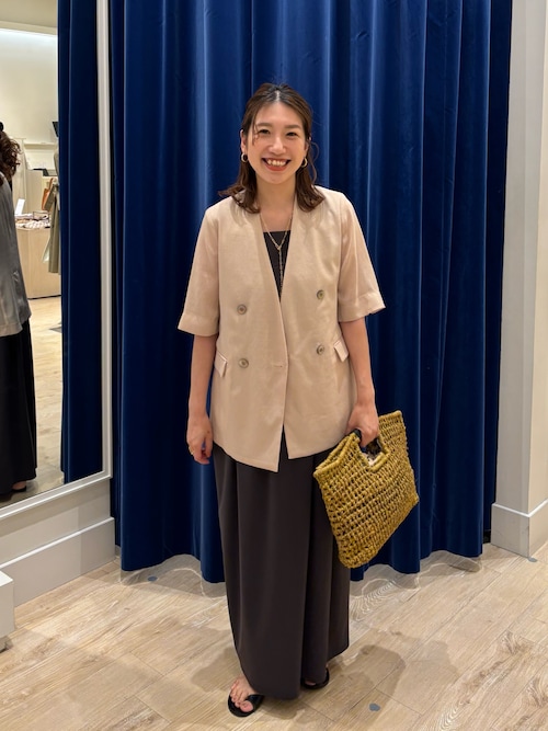 セール】ウォッシャブルリネン風シアー5分袖ジャケット（ノーカラー