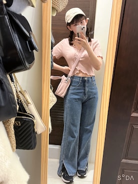 「KANGOL（カンゴール）のアイテム（バッグ、ピンク系）」を使った、偷米さん（レディース）の春コーディネート