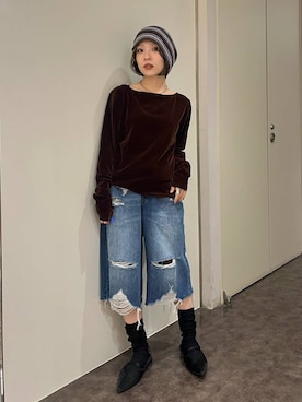「eL（エル）の【eL】Denim Bermuda Pants/1023737（デニムパンツ、ブルー系）」を使った、calinさん（レディース・146cm）の夏コーディネート