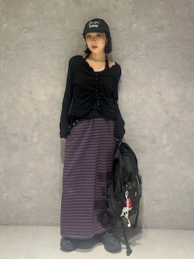 「JEANASIS（ジーナシス）のボーダーロゴナロースカート/1057350（Skirt、パープル系）」を使った、calinさん（レディース・146cm）の夏コーディネート