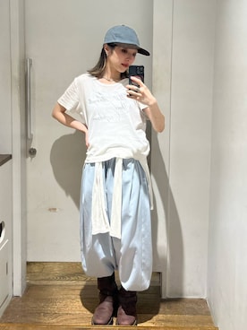 「JEANASIS（ジーナシス）のセミシアーリブヘンリー LS/326122（Tシャツ/カットソー、ホワイト系）」を使った、calinさん（レディース・146cm）の春コーディネート