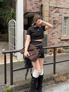 「Mavie..7（メヴィセットゥ）の【Mavie..7】ヴィンテージ風ボストンBAG（ショルダーバッグ、ブラウン系）」を使った、こんさん（レディース・153cm）の夏コーディネート