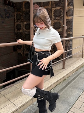 「abahouse mavie（アバハウスマヴィ）の【Mavie..7】スタッズ&ビッグバックルBAG（ショルダーバッグ、ブラック系）」を使った、こんさん（レディース・153cm）の夏コーディネート
