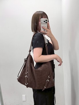 「Mavie..7（メヴィセットゥ）の【Mavie..7】ヴィンテージ風ボストンBAG（ショルダーバッグ、ブラウン系）」を使った、こんさん（レディース・153cm）の夏コーディネート