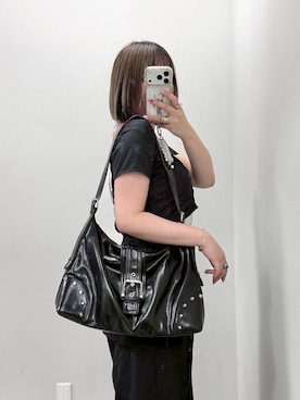 「abahouse mavie（アバハウスマヴィ）の【Mavie..7】スタッズ&ビッグバックルBAG（ショルダーバッグ、ブラック系）」を使った、こんさん（レディース・153cm）の夏コーディネート