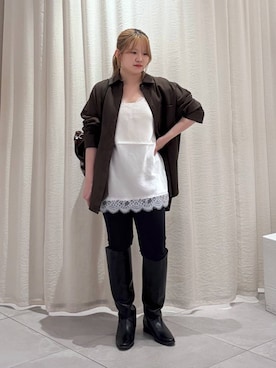 「BABYLONE（バビロン）のポンチシャツ＜セットアップ対応＞（シャツ/ブラウス、グリーン系）」を使った、ありんこさん（レディース・155cm）の秋コーディネート