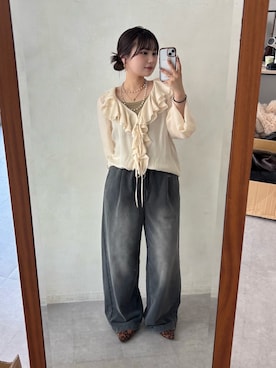 「DouDou（ドゥドゥ）のキュプラフリルブラウス（シャツ/ブラウス）」を使った、doudouyunaさん（レディース・157cm）の夏コーディネート