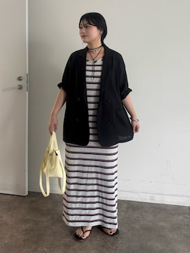 「DouDou（ドゥドゥ）のマルチボーダータンクワンピース（ワンピース、グレー系）」を使った、doudouyunaさん（レディース・158cm）の夏コーディネート