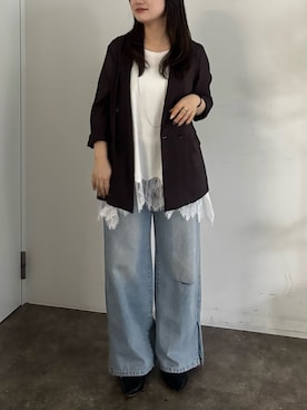 「DouDou（ドゥドゥ）のバックスリットシアーダブルジャケット（テーラードジャケット、ブラウン系）」を使った、doudouyunaさん（レディース・158cm）の春コーディネート