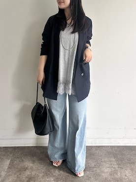 「DouDou（ドゥドゥ）のヘムレースタンク（Tシャツ/カットソー、グレー系）」を使った、doudouyunaさん（レディース・158cm）の春コーディネート
