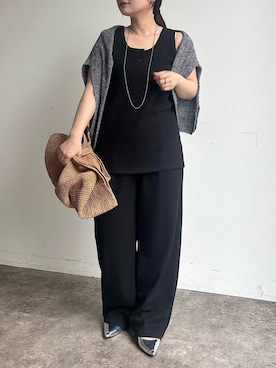 「DouDou（ドゥドゥ）の【OKOCHI企画】ブークレータックワイドパンツ（その他パンツ、ブラック系）」を使った、doudouyunaさん（レディース・158cm）の春コーディネート