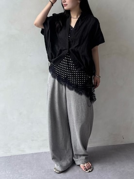 「DouDou（ドゥドゥ）のドロストスウェットパンツ（その他パンツ、グレー系）」を使った、doudouyunaさん（レディース・158cm）の春コーディネート