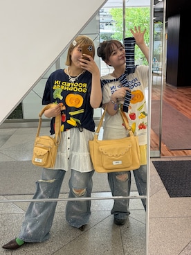 「CIAOPANIC（チャオパニック）のモチーフコレクションTee（Tシャツ/カットソー、ブルー系）」を使った、濱川　ひよりさん（レディース・162cm）の夏コーディネート